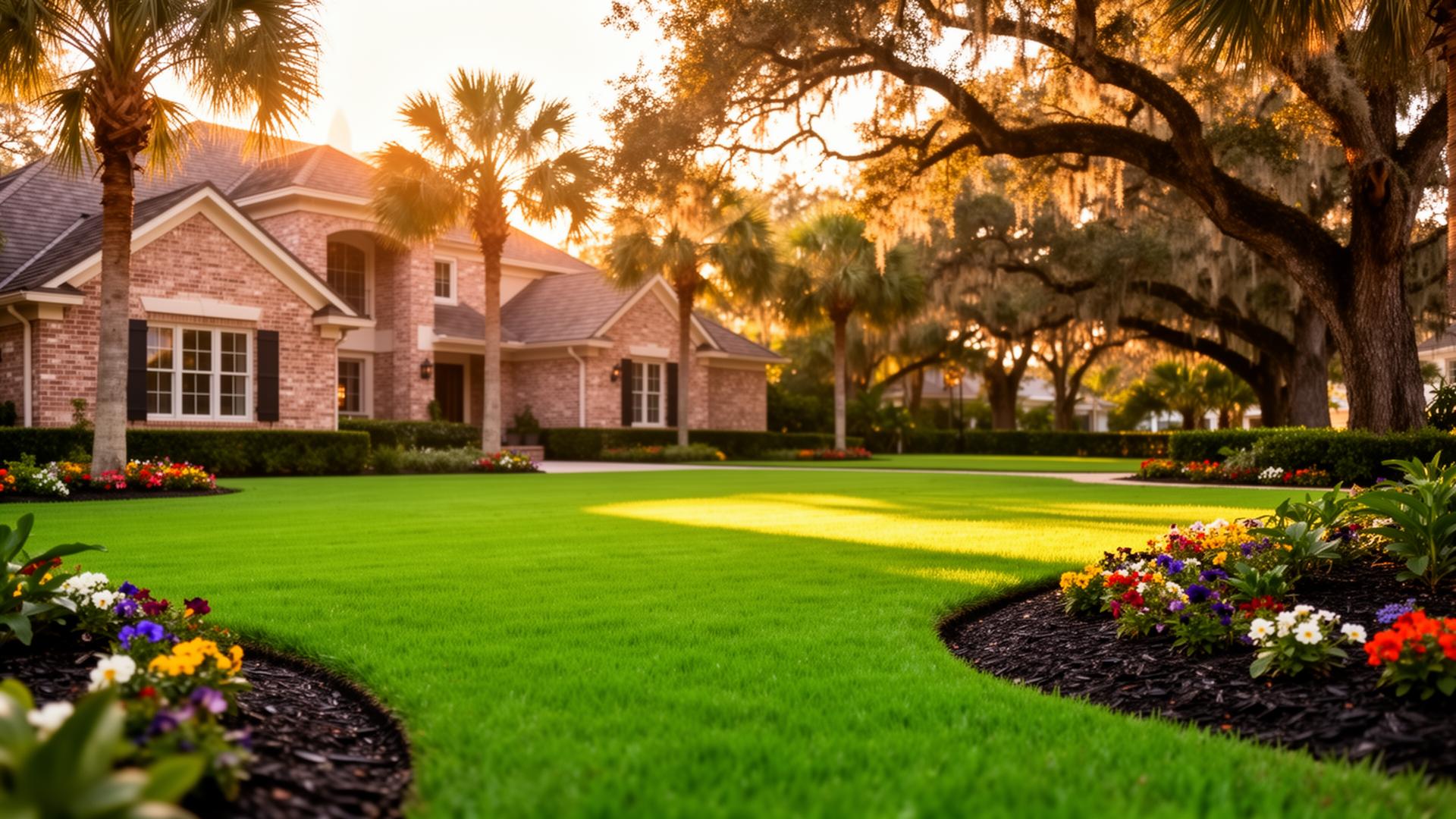 Lush, professionally maintained green lawn and garden beds at a Florida Panhandle home